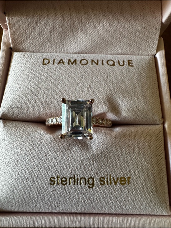 Diamonique Jewelry - Diamonique Sterling Silver, Rose Gold Plated Emerald-Cut with Pave Shoulders